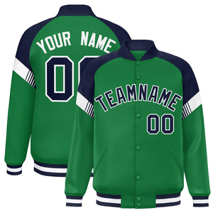 Custom Kelly Green Navy-White Varsity Full-Snap Color Block Letterman Jacket