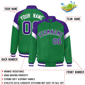 Custom Kelly Green Purple-White Varsity Full-Snap Color Block Letterman Jacket