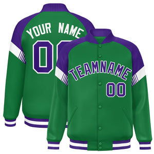 Custom Kelly Green Purple-White Varsity Full-Snap Color Block Letterman Jacket