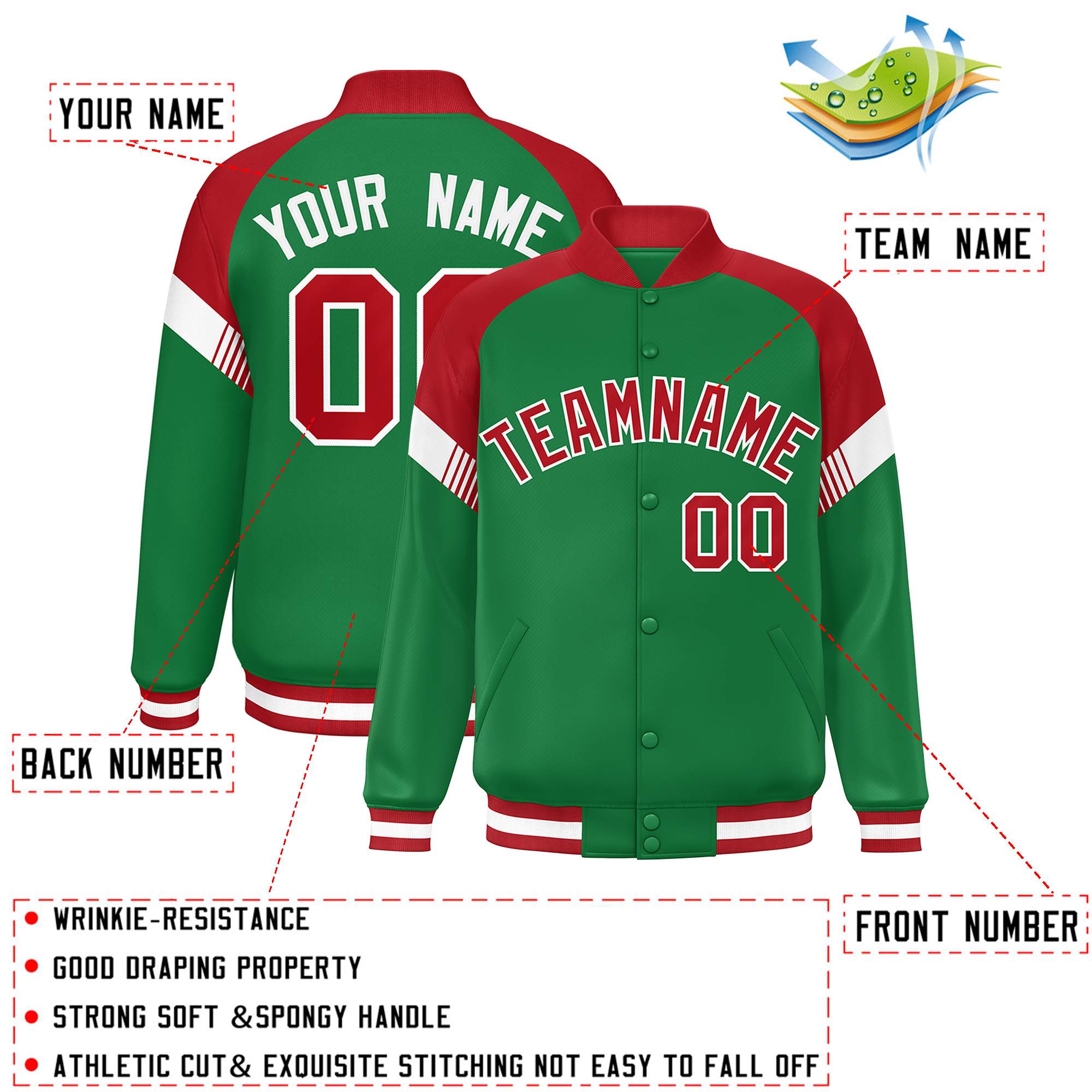 Custom Kelly Green Red-White Varsity Full-Snap Color Block Letterman Jacket