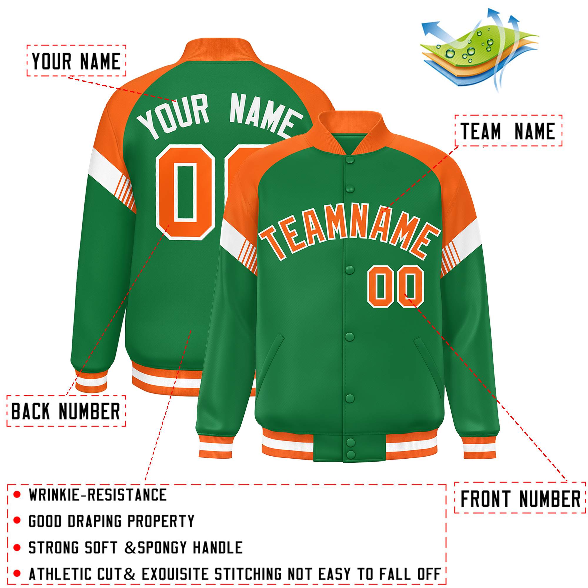 Custom Kelly Green Orange-White Varsity Full-Snap Color Block Letterman Jacket