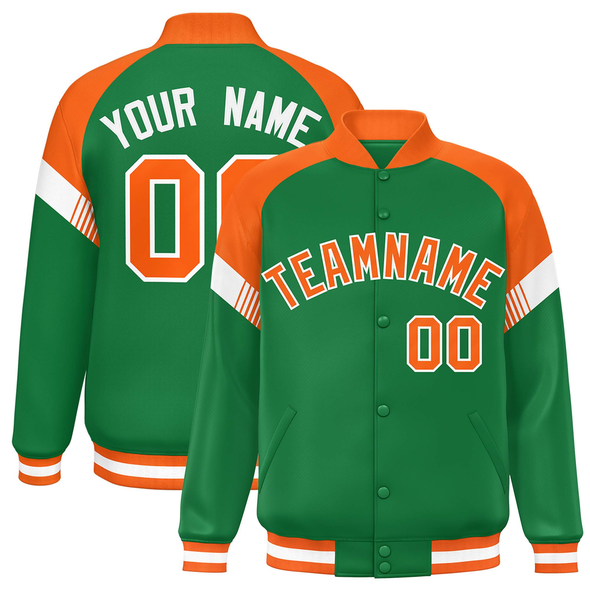 Custom Kelly Green Orange-White Varsity Full-Snap Color Block Letterman Jacket