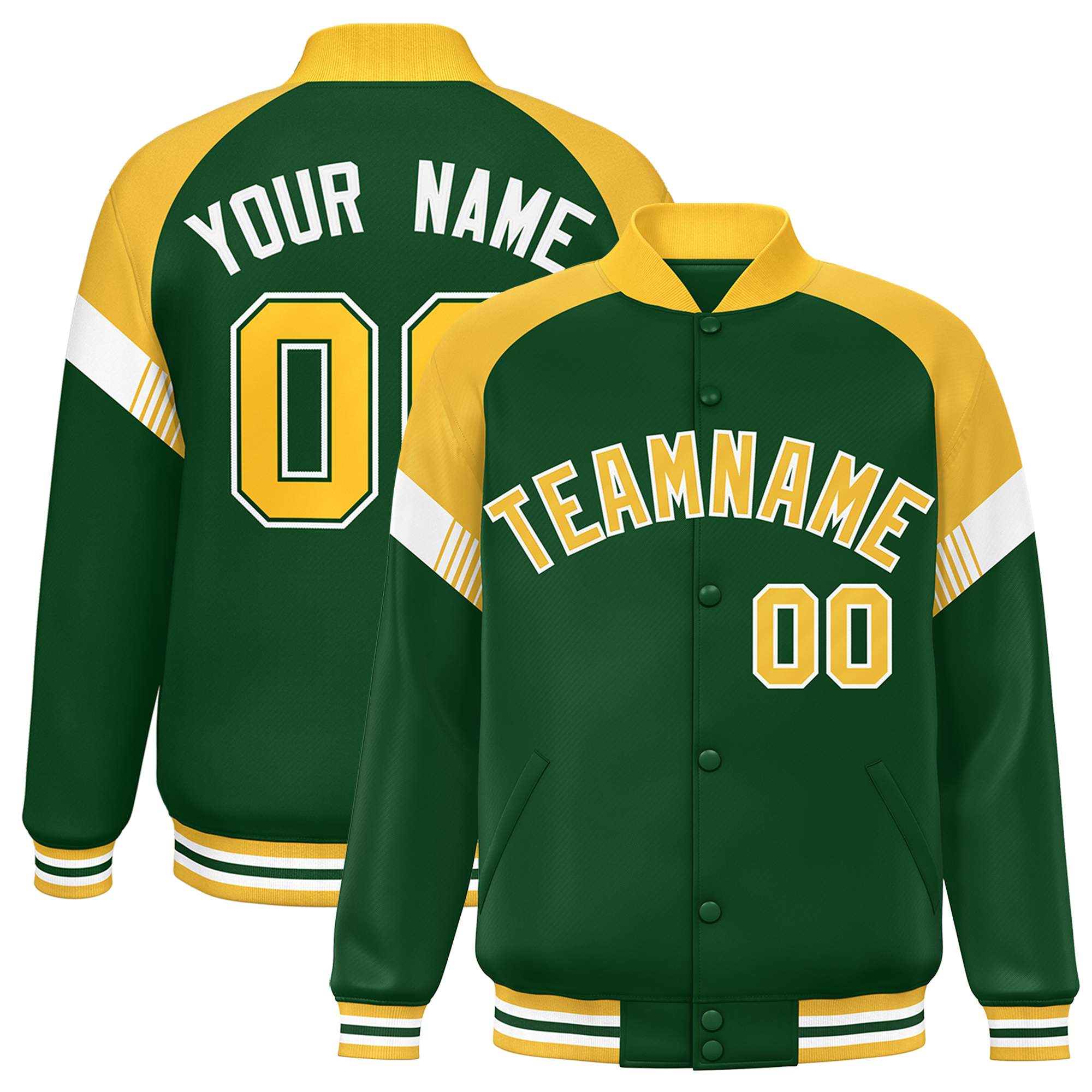 Custom Green Gold-White Varsity Full-Snap Color Block Letterman Jacket