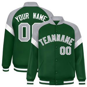 Custom Green Gray-White Varsity Full-Snap Color Block Letterman Jacket