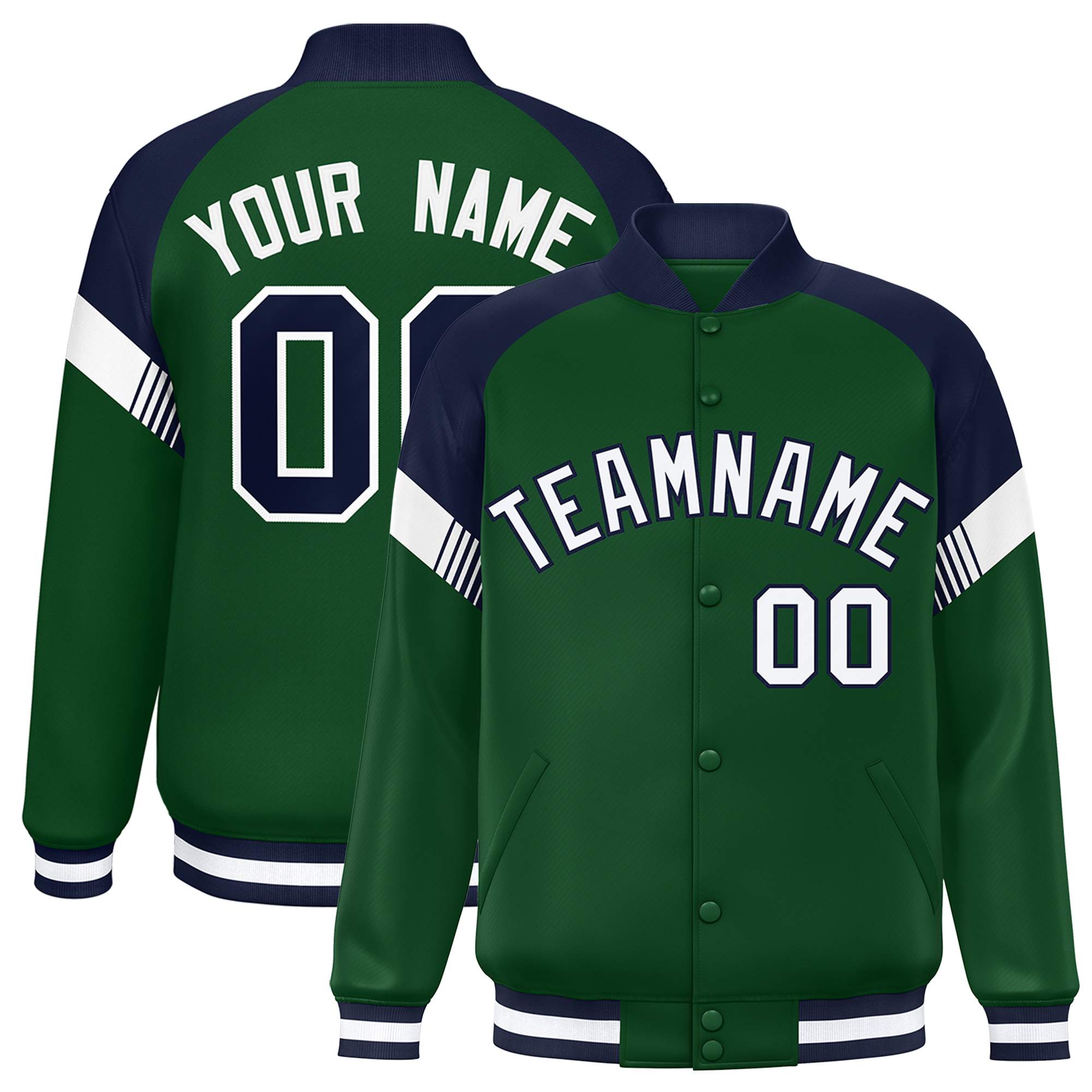 Custom Green Navy-White Varsity Full-Snap Color Block Letterman Jacket