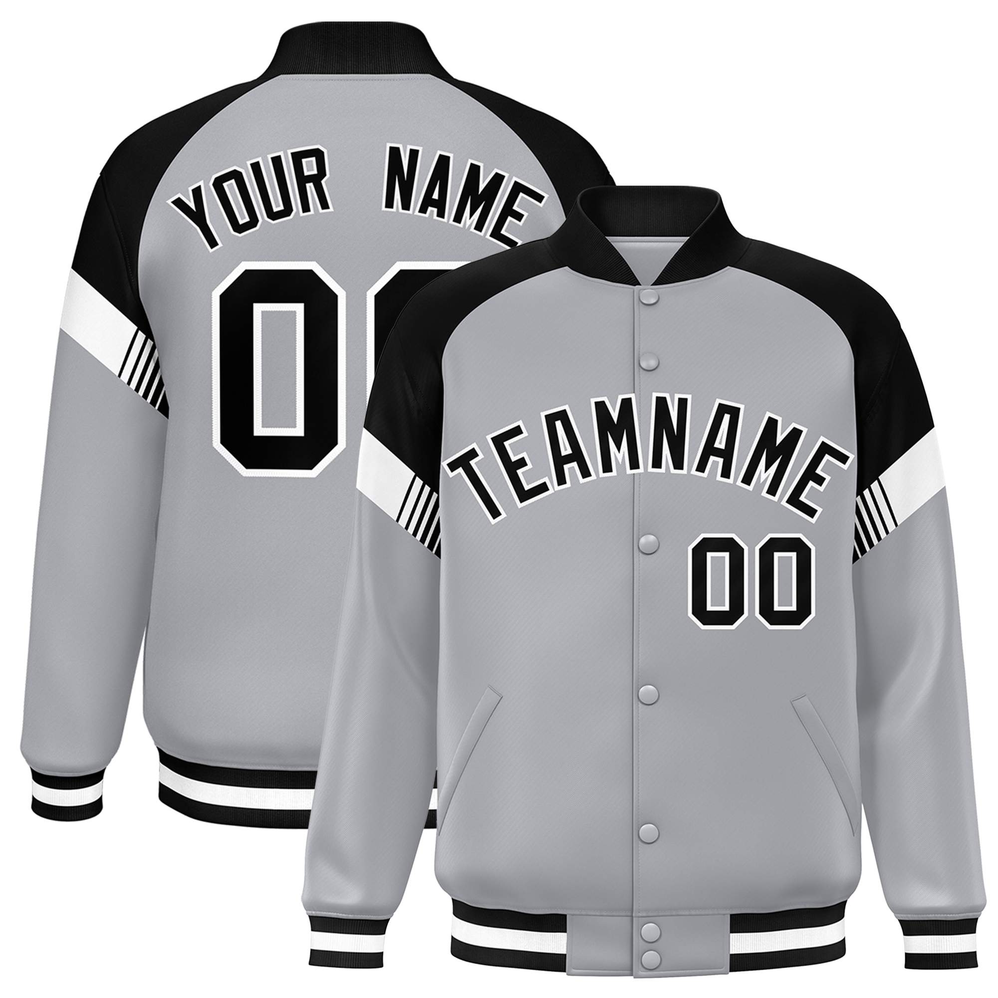 Custom Gray Black-White Varsity Full-Snap Color Block Letterman Jacket