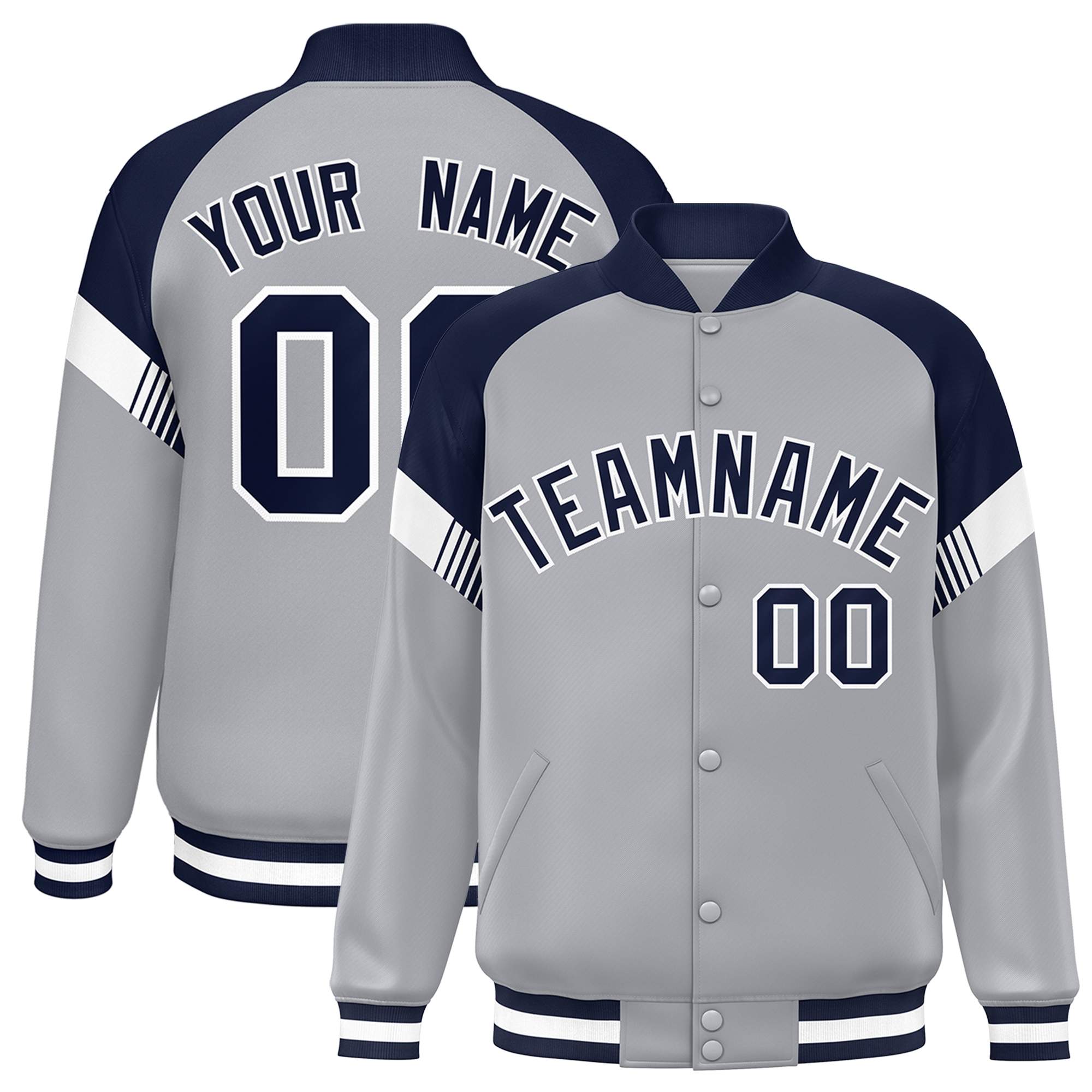 Custom Gray Navy-White Varsity Full-Snap Color Block Letterman Jacket