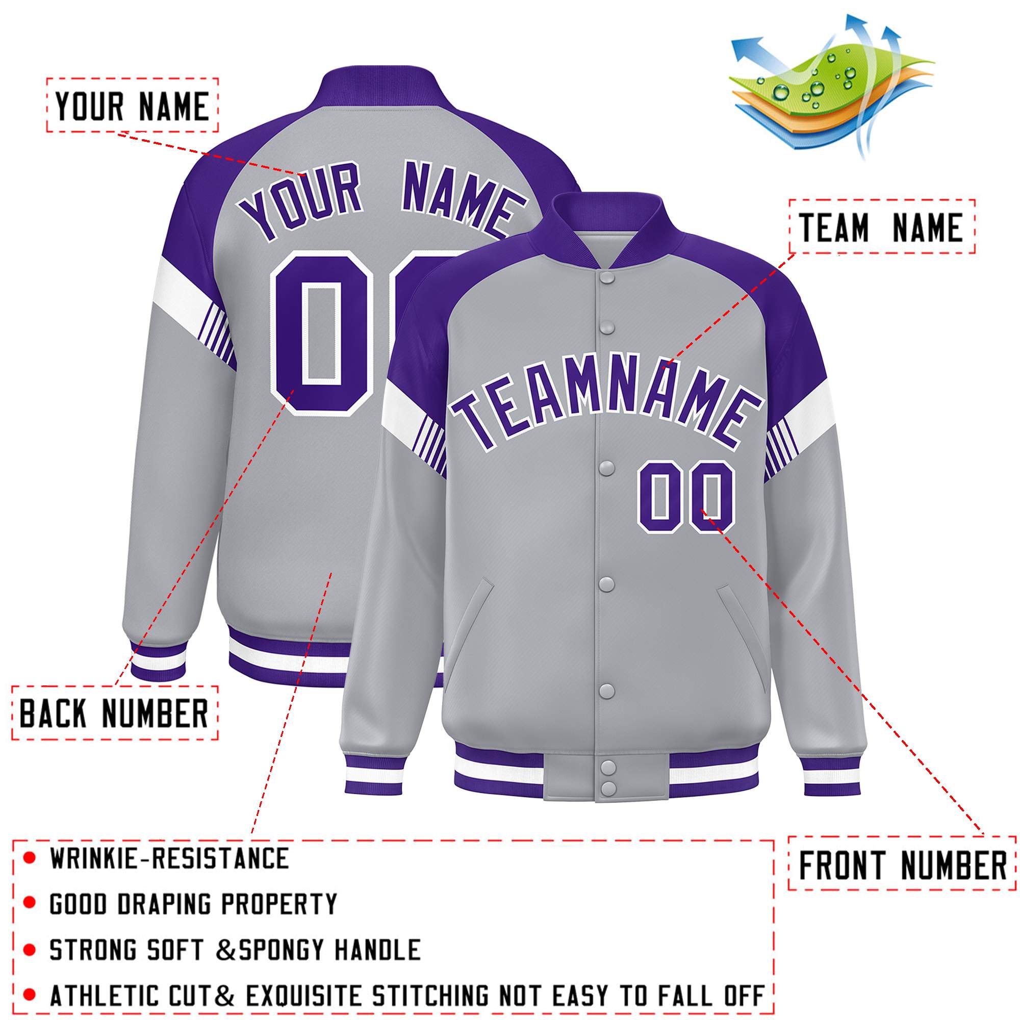 Custom Gray Purple-White Varsity Full-Snap Color Block Letterman Jacket