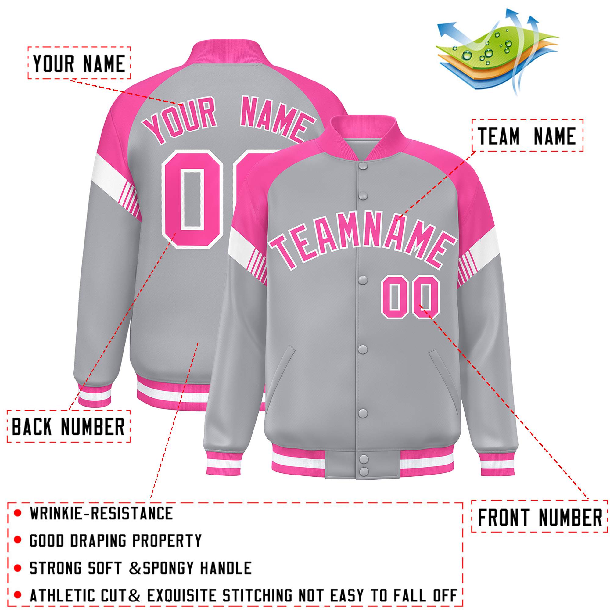 Custom Gray Pink-White Varsity Full-Snap Color Block Letterman Jacket