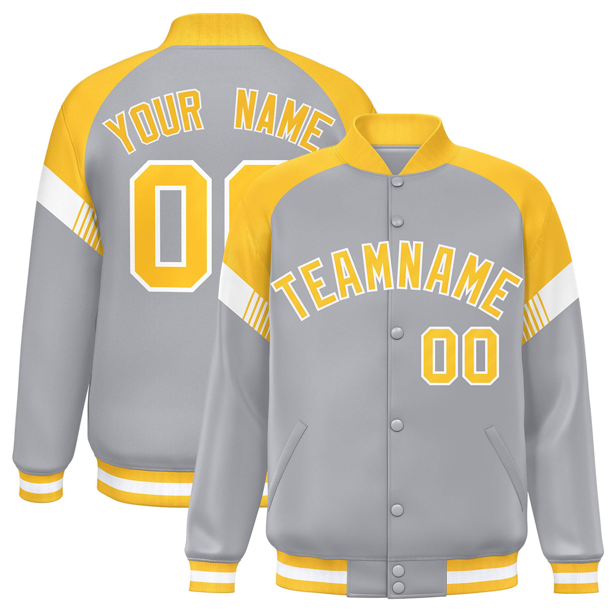 Custom Gray Gold-White Varsity Full-Snap Color Block Letterman Jacket