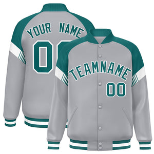 Custom Gray Aqua-White Varsity Full-Snap Color Block Letterman Jacket