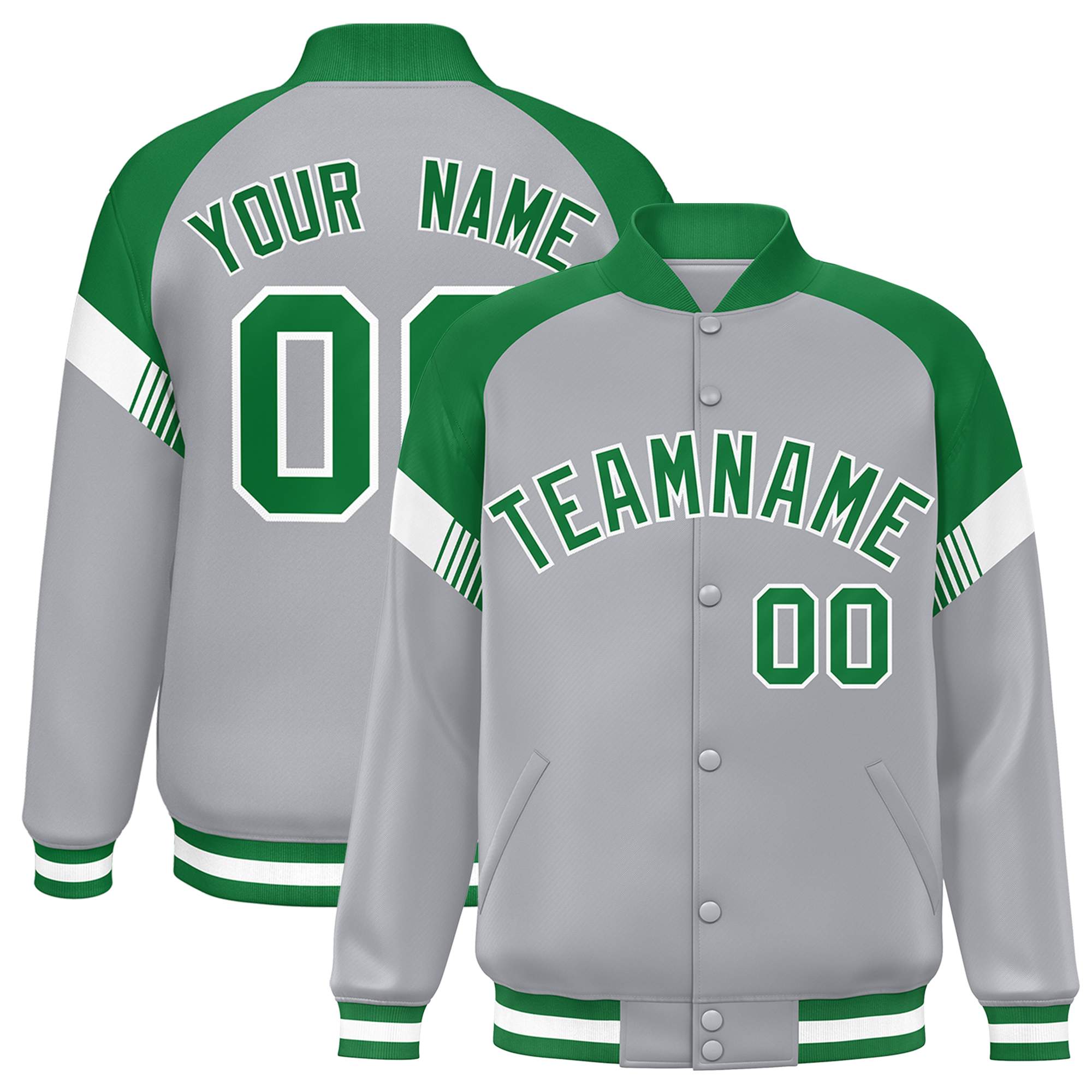 Custom Gray Kelly Green-White Varsity Full-Snap Color Block Letterman Jacket