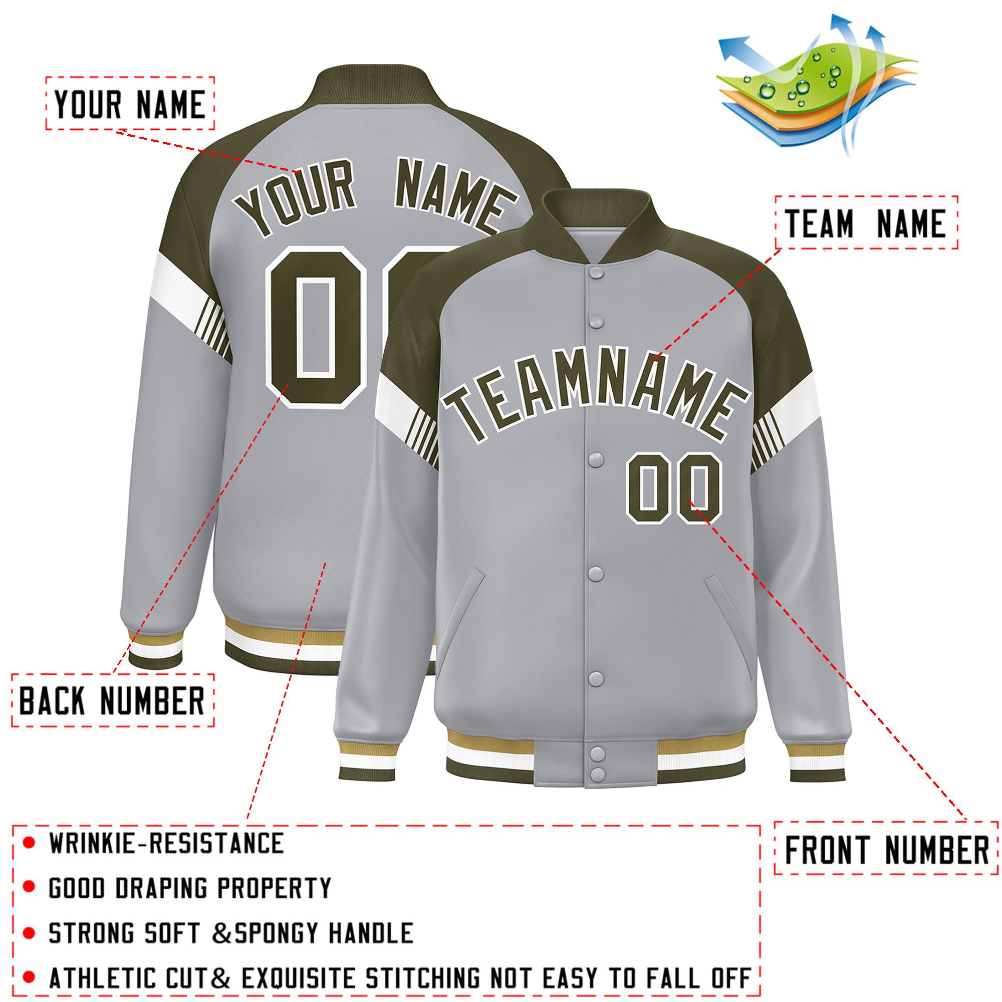 Custom Gray Olive-White Varsity Full-Snap Color Block Letterman Jacket