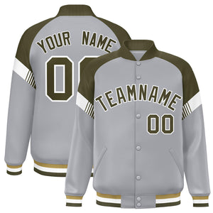 Custom Gray Olive-White Varsity Full-Snap Color Block Letterman Jacket