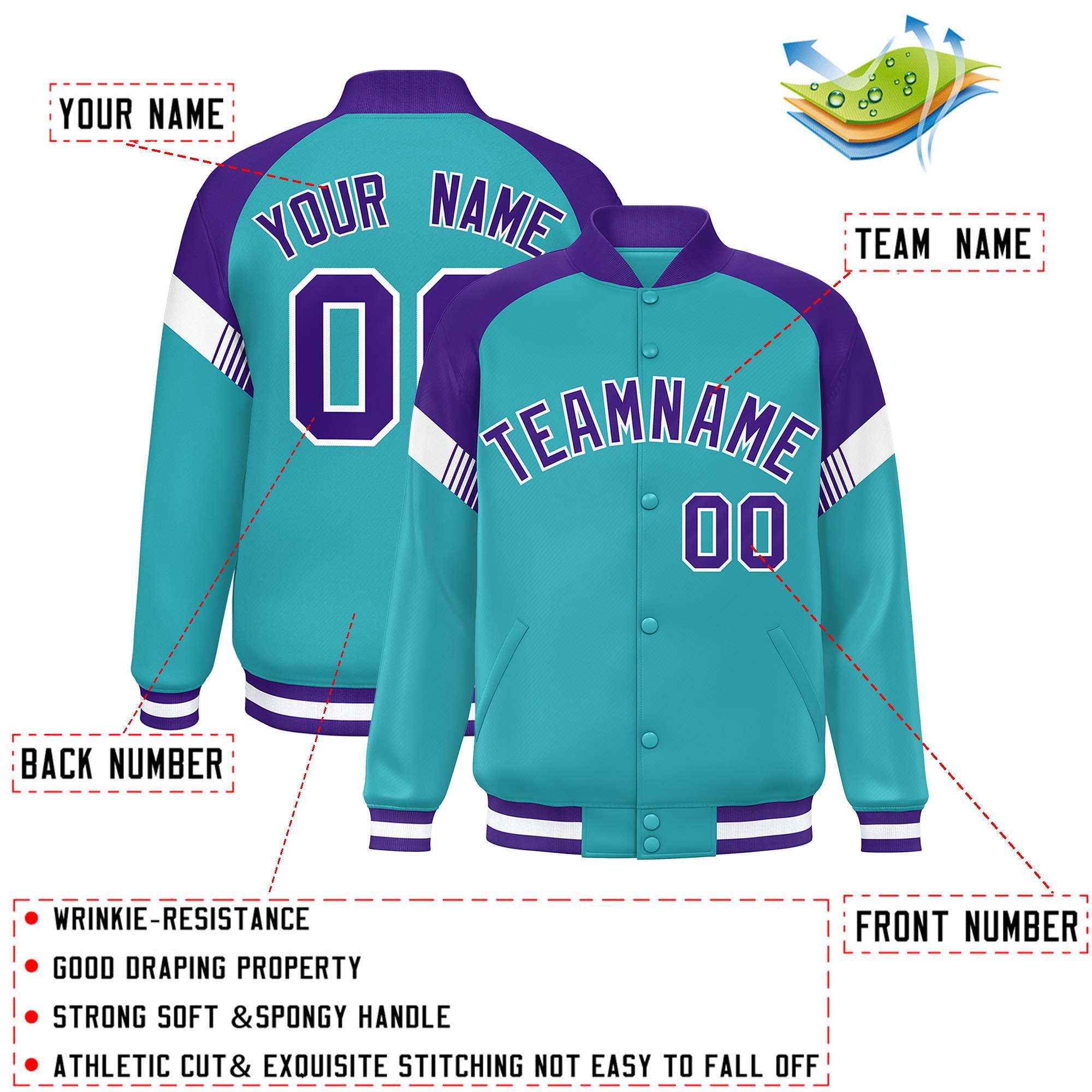 Custom Aqua Purple-White Varsity Full-Snap Color Block Letterman Jacket