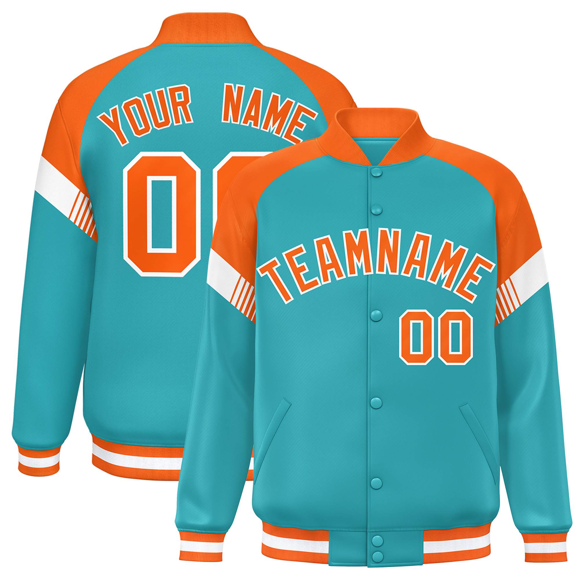 Custom Aqua Orange-White Varsity Full-Snap Color Block Letterman Jacket