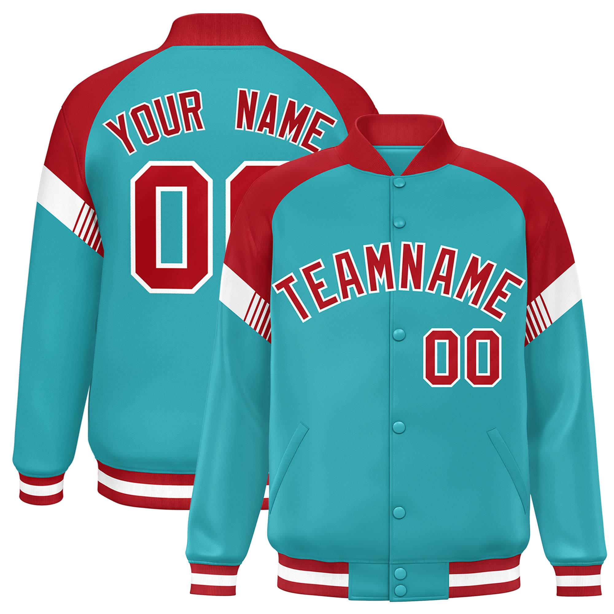 Custom Aqua Red-White Varsity Full-Snap Color Block Letterman Jacket