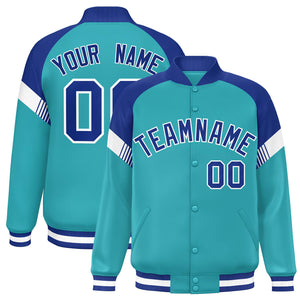 Custom Aqua Royal-White Varsity Full-Snap Color Block Letterman Jacket