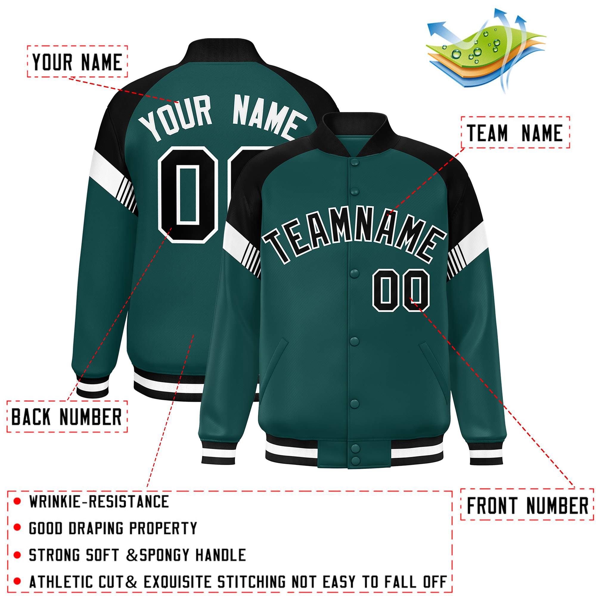 Custom Midnight Green Black-White Varsity Full-Snap Color Block Letterman Jacket