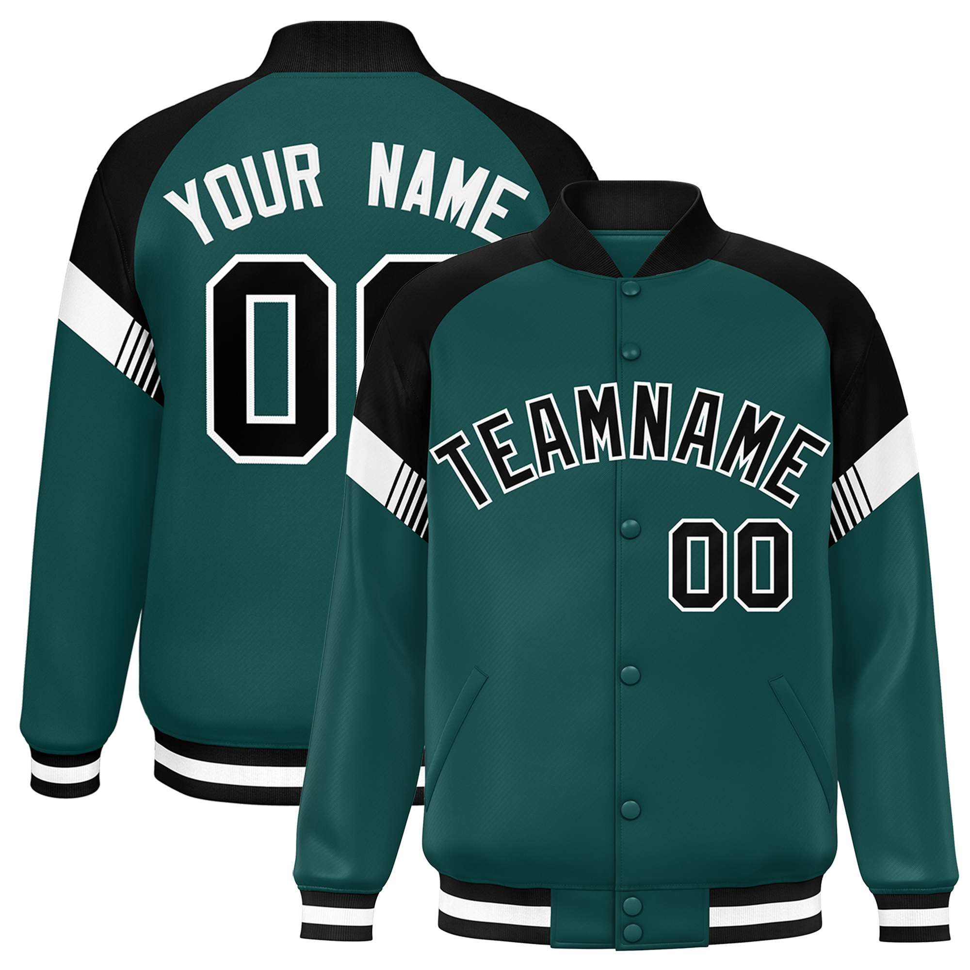 Custom Midnight Green Black-White Varsity Full-Snap Color Block Letterman Jacket