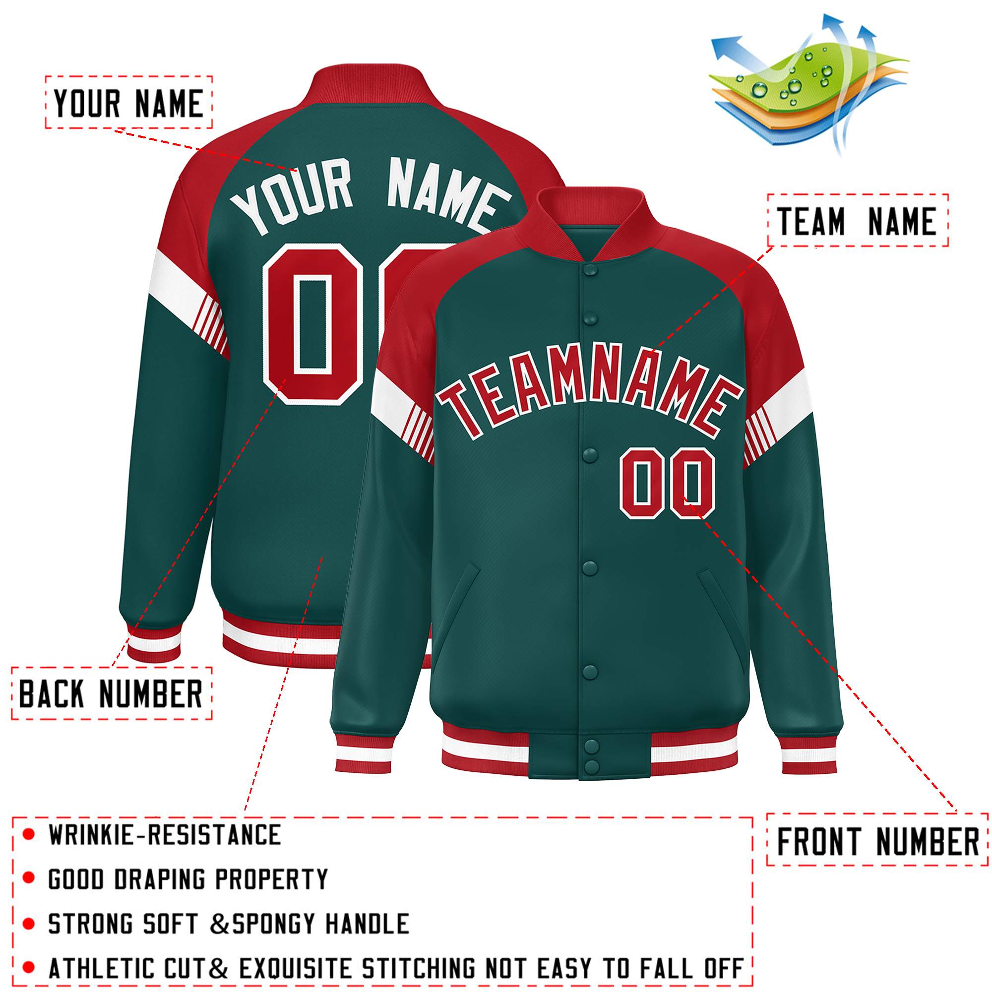 Custom Midnight Green Red-White Varsity Full-Snap Color Block Letterman Jacket