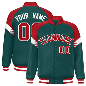 Custom Midnight Green Red-White Varsity Full-Snap Color Block Letterman Jacket