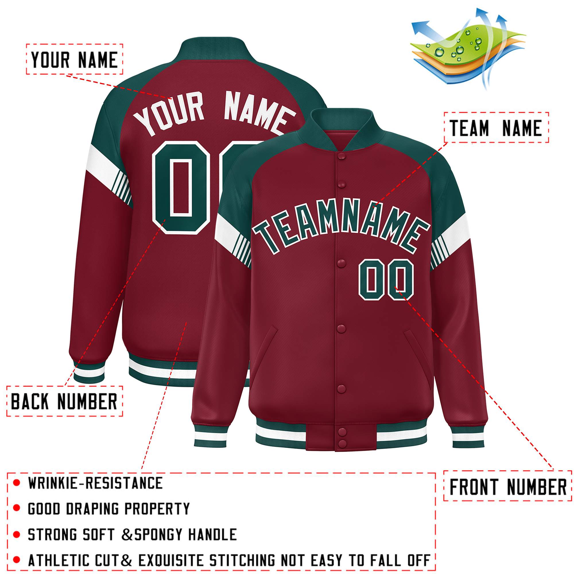 Custom Crimson Midnight Green-White Varsity Full-Snap Color Block Letterman Jacket