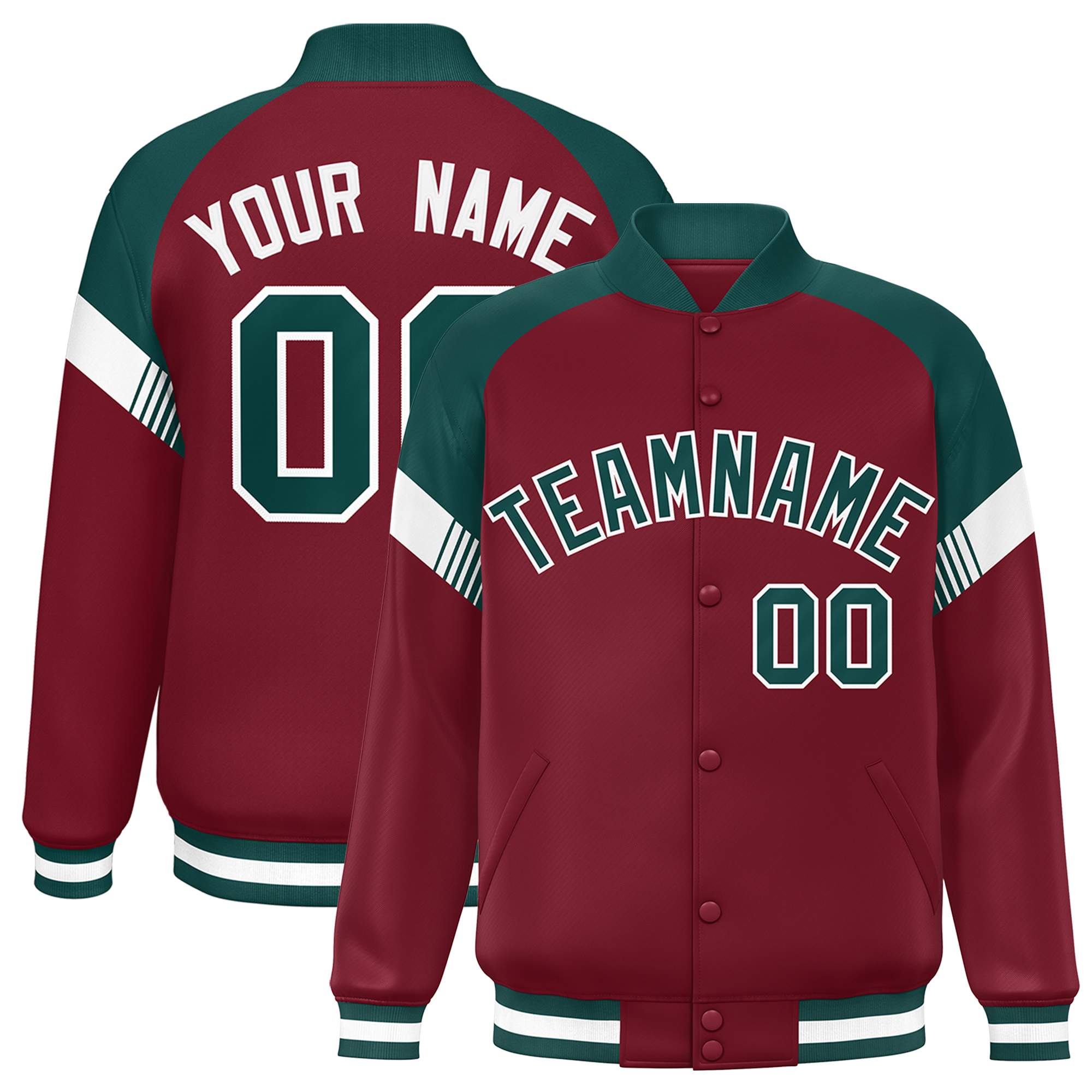 Custom Crimson Midnight Green-White Varsity Full-Snap Color Block Letterman Jacket