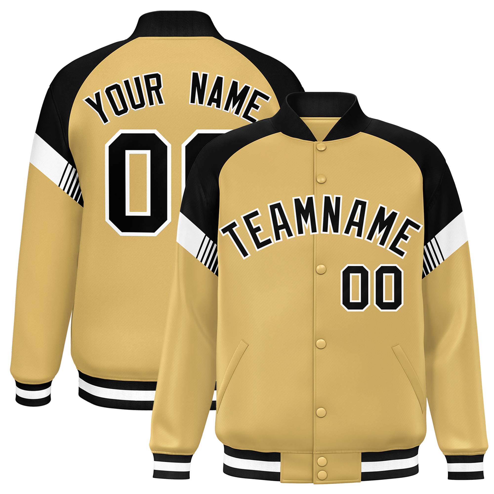 Custom Old Gold Black-White Varsity Full-Snap Color Block Letterman Jacket