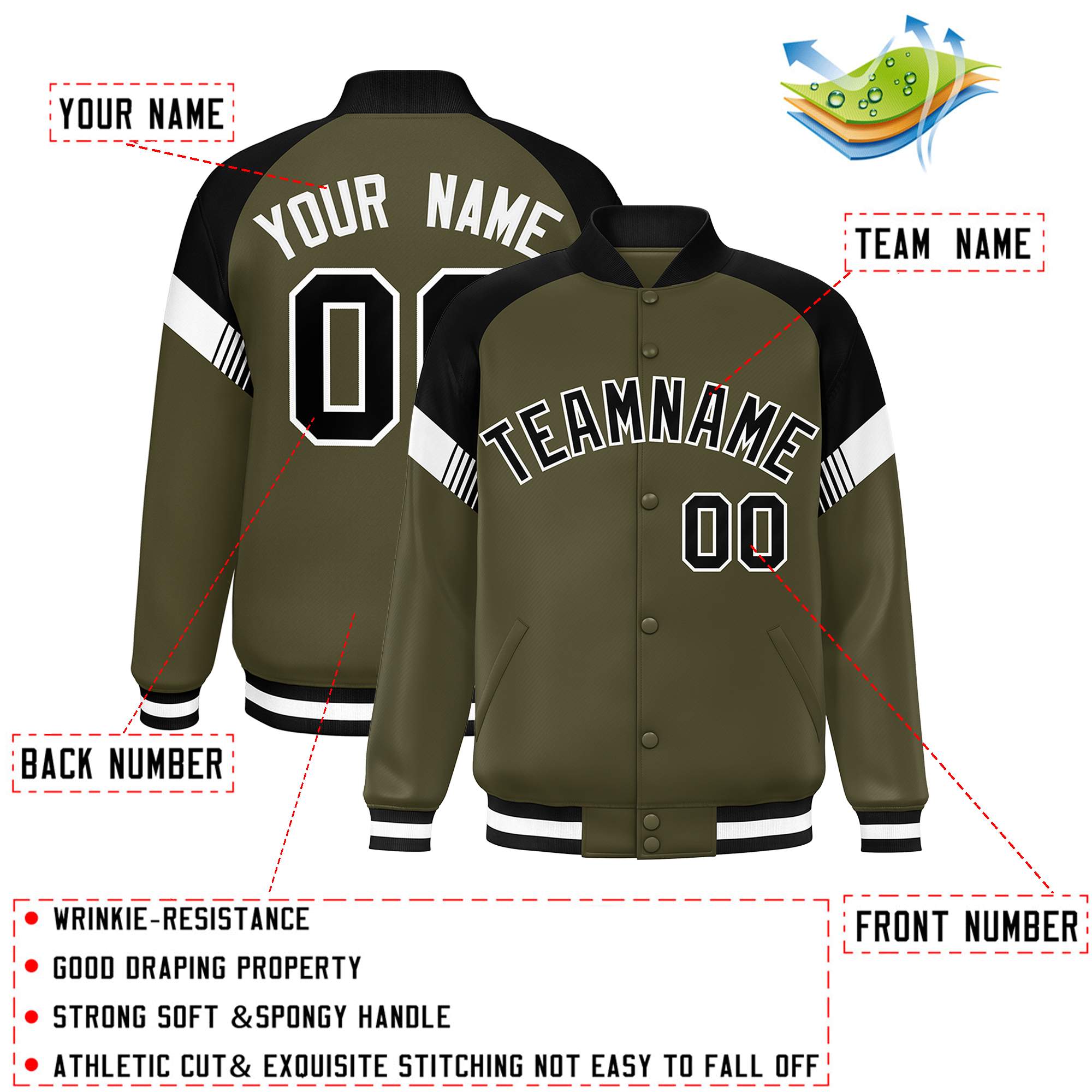 Custom Olive Black-White Varsity Full-Snap Color Block Letterman Jacket