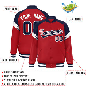 Custom Red Navy-White Varsity Full-Snap Color Block Letterman Jacket