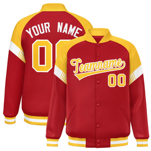 Custom Red Gold-White Varsity Full-Snap Color Block Letterman Jacket