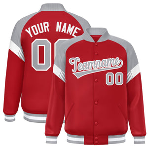 Custom Red Gray-White Varsity Full-Snap Color Block Letterman Jacket