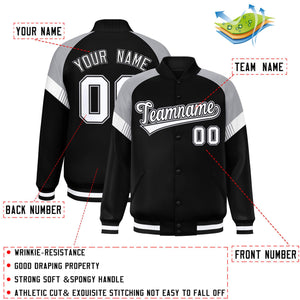 Custom Black Gray-White Varsity Full-Snap Color Block Letterman Jacket