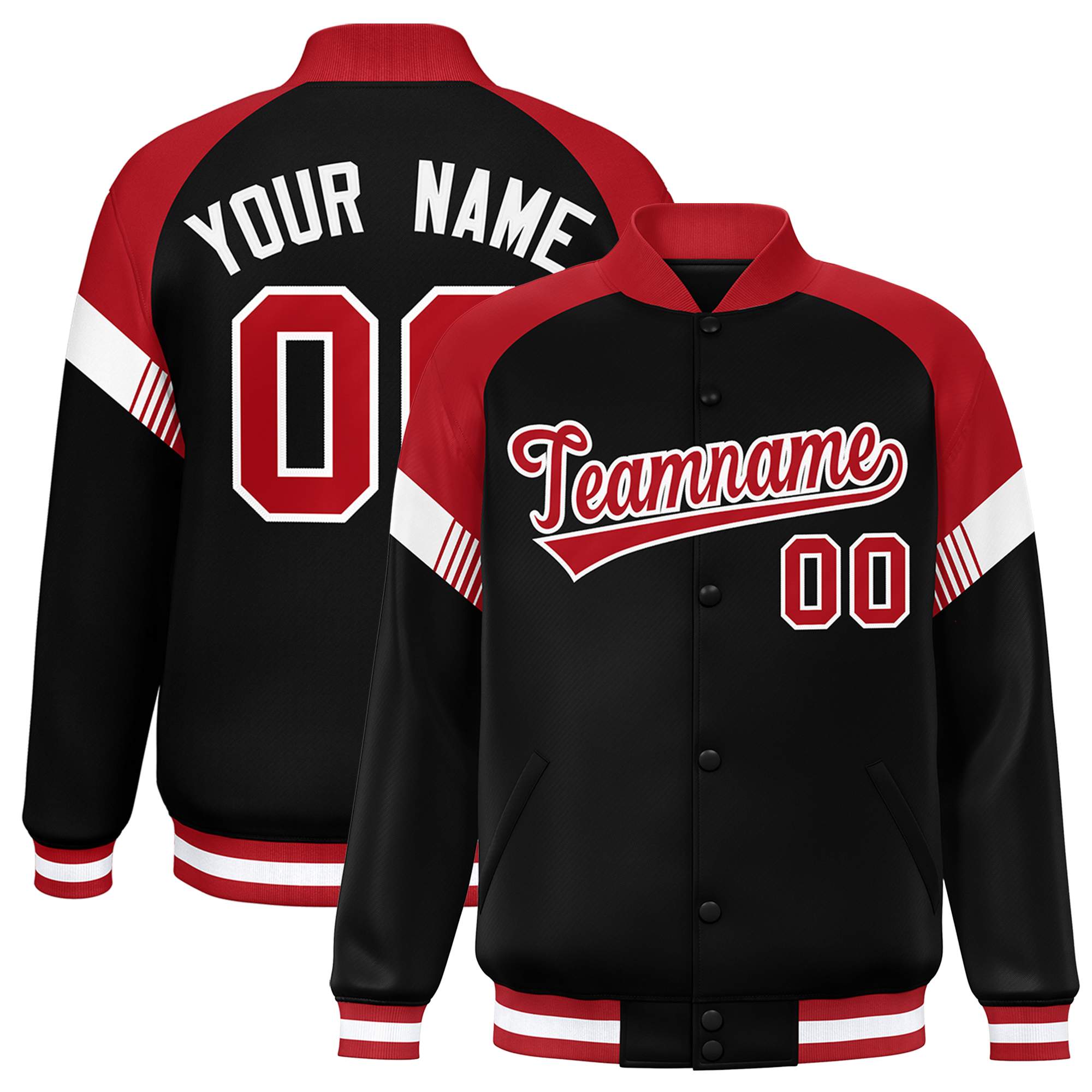 Custom Black Red-White Varsity Full-Snap Color Block Letterman Jacket