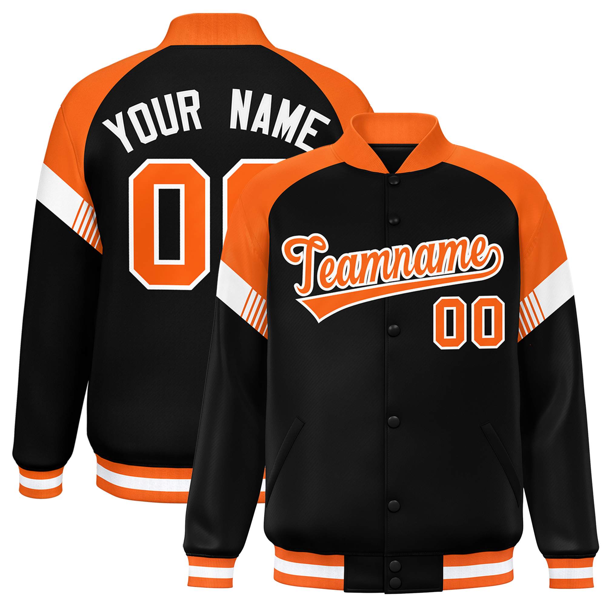 Custom Black Orange-White Varsity Full-Snap Color Block Letterman Jacket