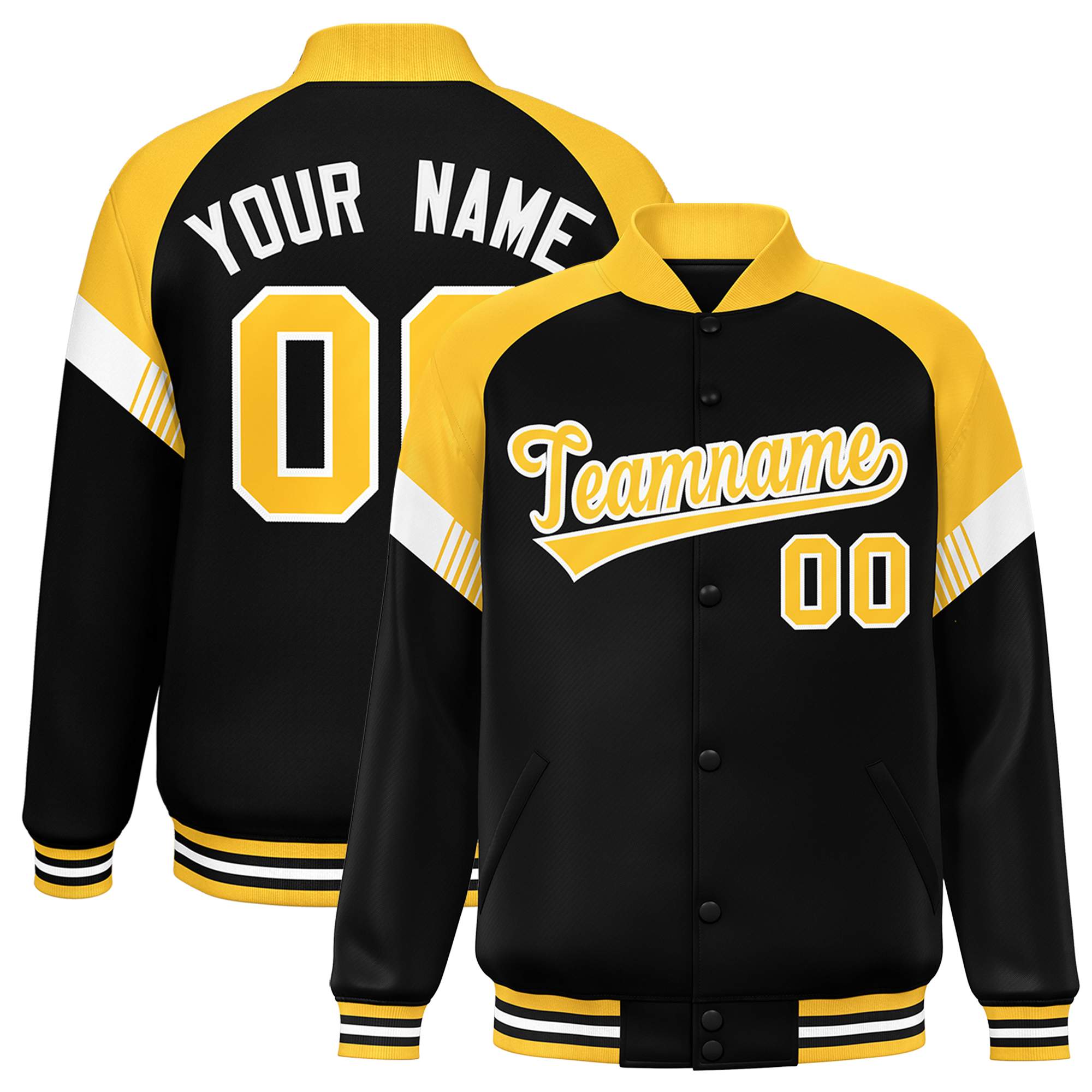 Custom Black Gold-White Varsity Full-Snap Color Block Letterman Jacket