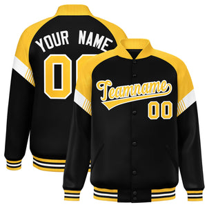 Custom Black Gold-White Varsity Full-Snap Color Block Letterman Jacket