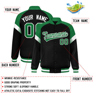 Custom Black Kelly Green-White Varsity Full-Snap Color Block Letterman Jacket