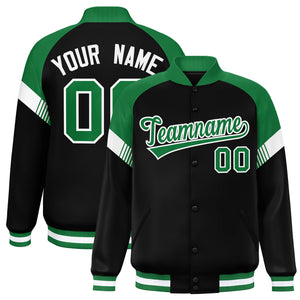 Custom Black Kelly Green-White Varsity Full-Snap Color Block Letterman Jacket