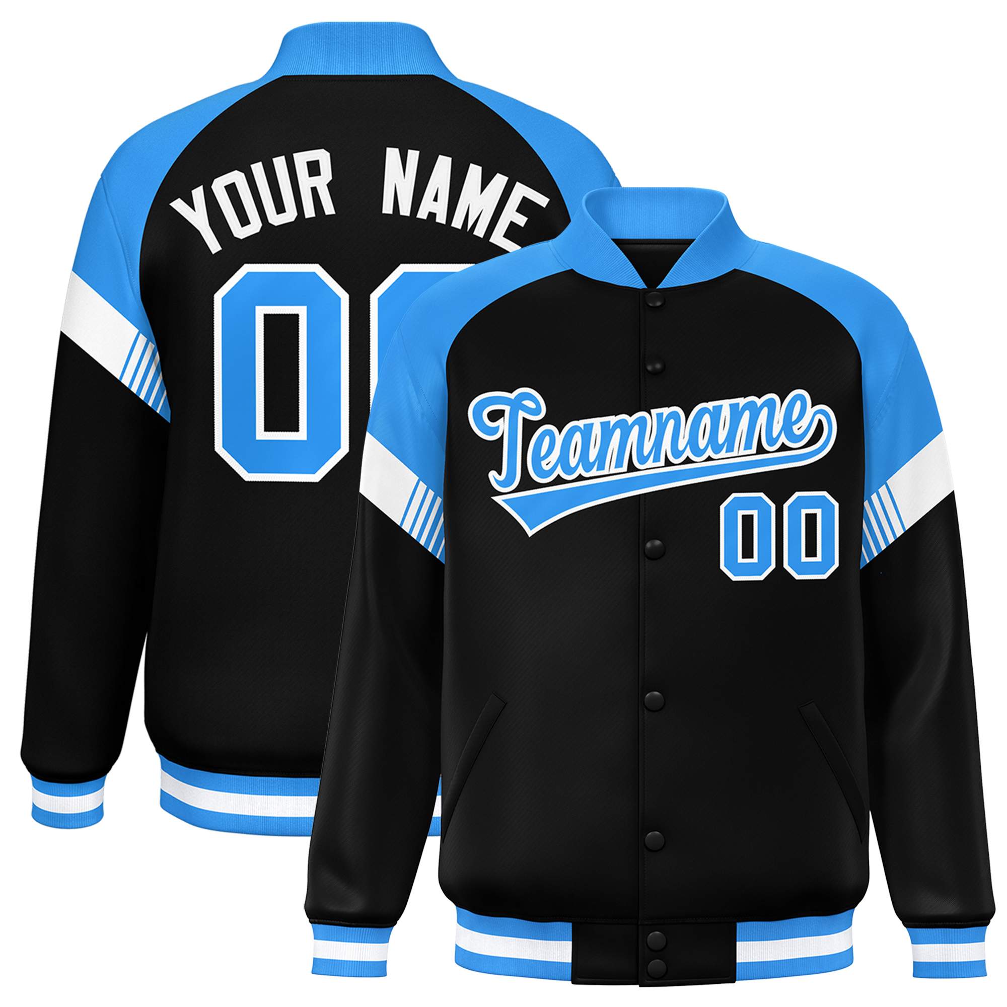 Custom Black Powder Blue-White Varsity Full-Snap Color Block Letterman Jacket