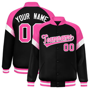 Custom Black Pink-White Varsity Full-Snap Color Block Letterman Jacket