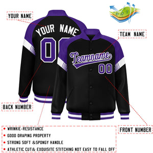 Custom Black Purple-White Varsity Full-Snap Color Block Letterman Jacket