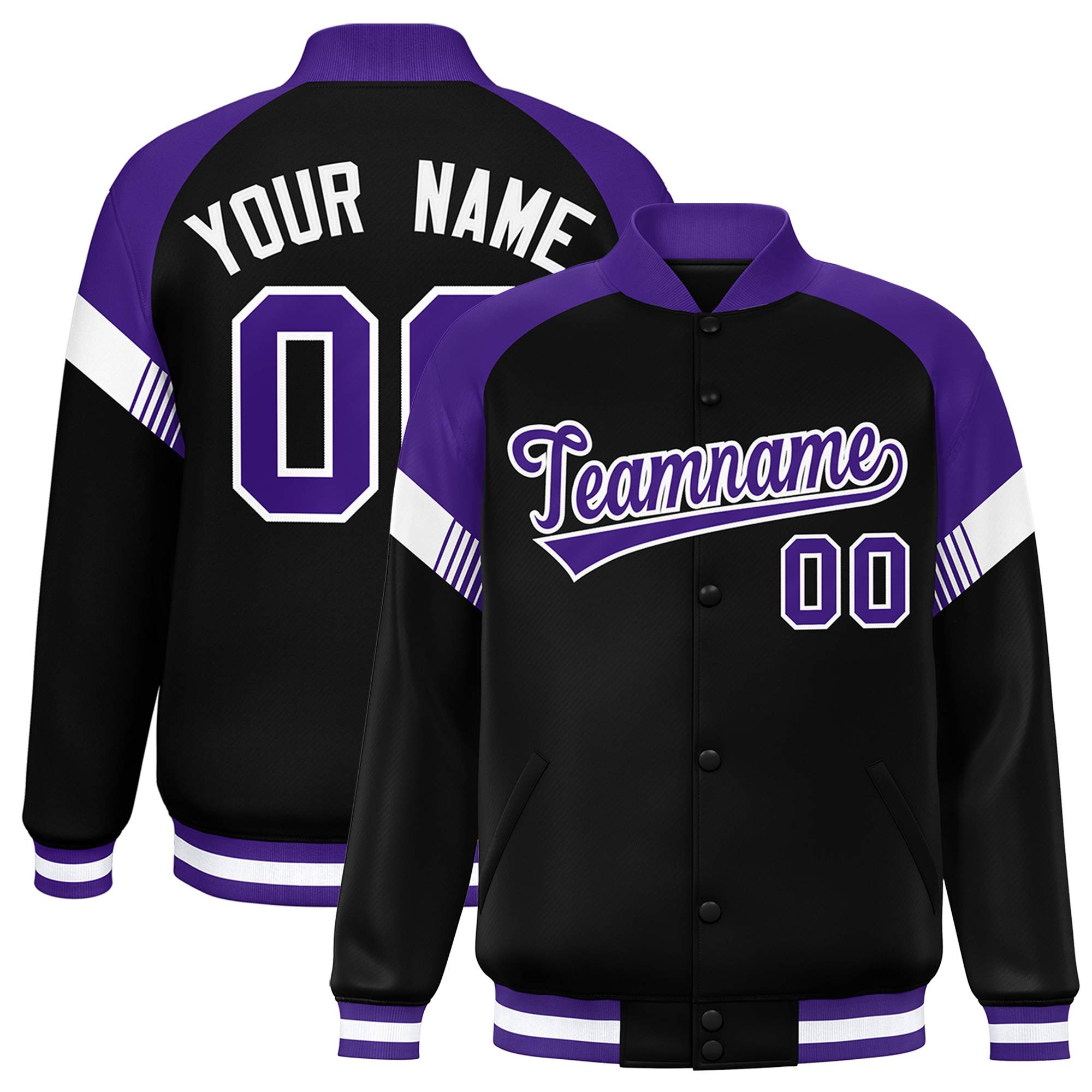 Custom Black Purple-White Varsity Full-Snap Color Block Letterman Jacket