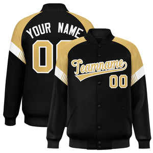 Custom Black Old Gold-White Varsity Full-Snap Color Block Letterman Jacket