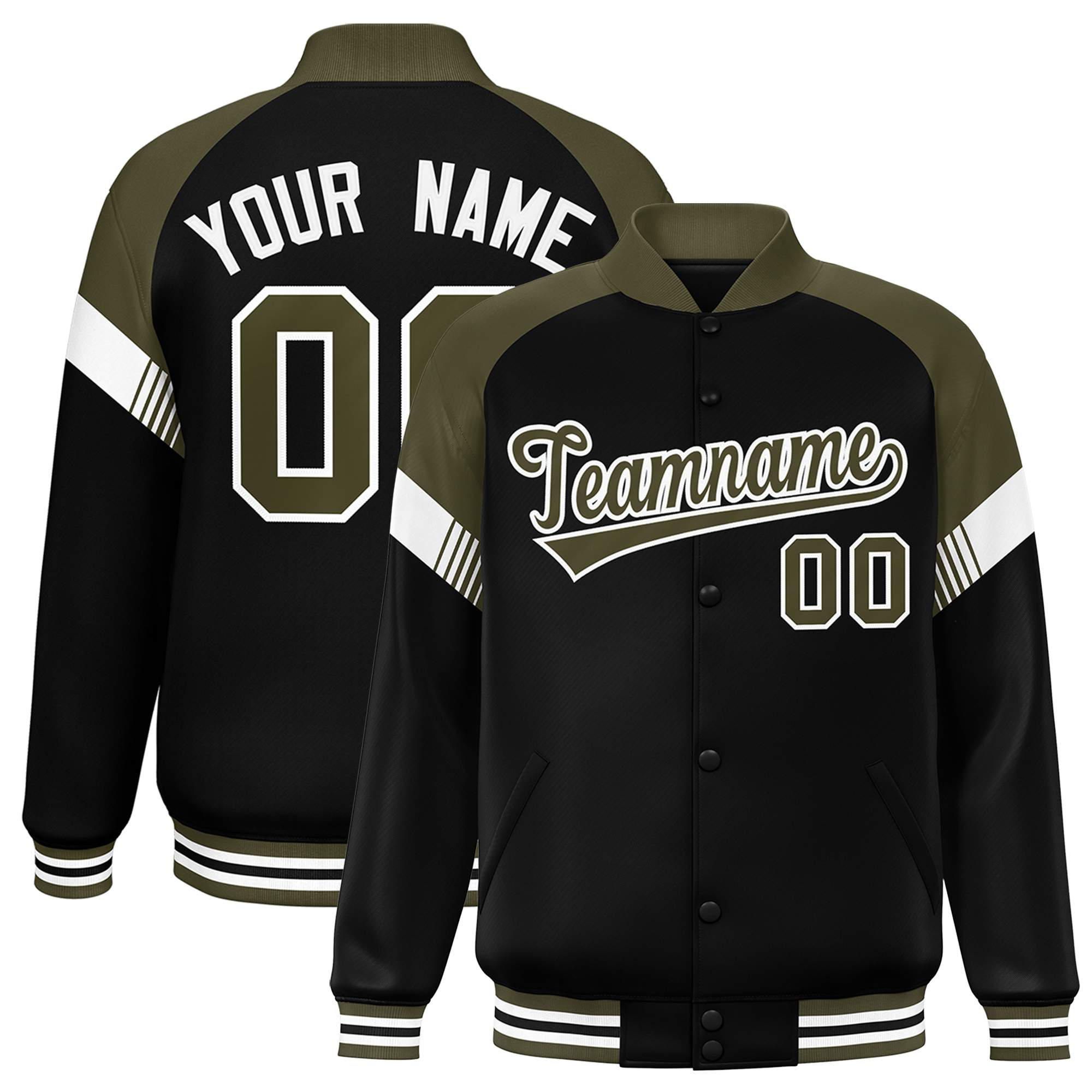 Custom Black Olive-White Varsity Full-Snap Color Block Letterman Jacket