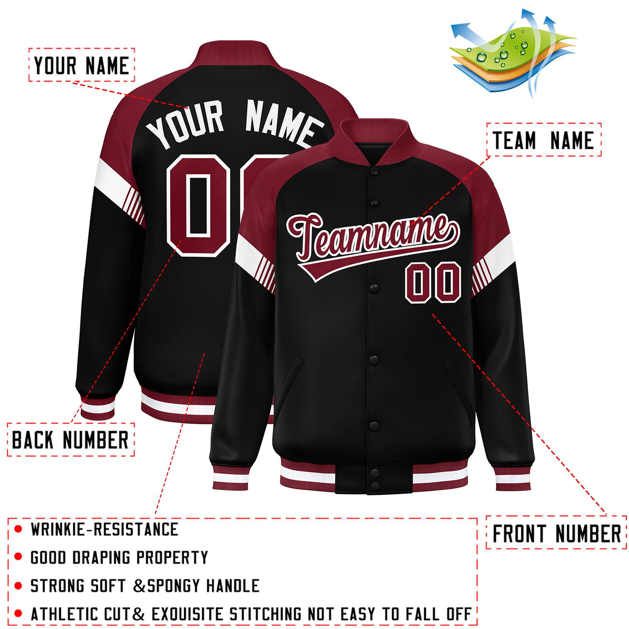 Custom Black Crimson-White Varsity Full-Snap Color Block Letterman Jacket