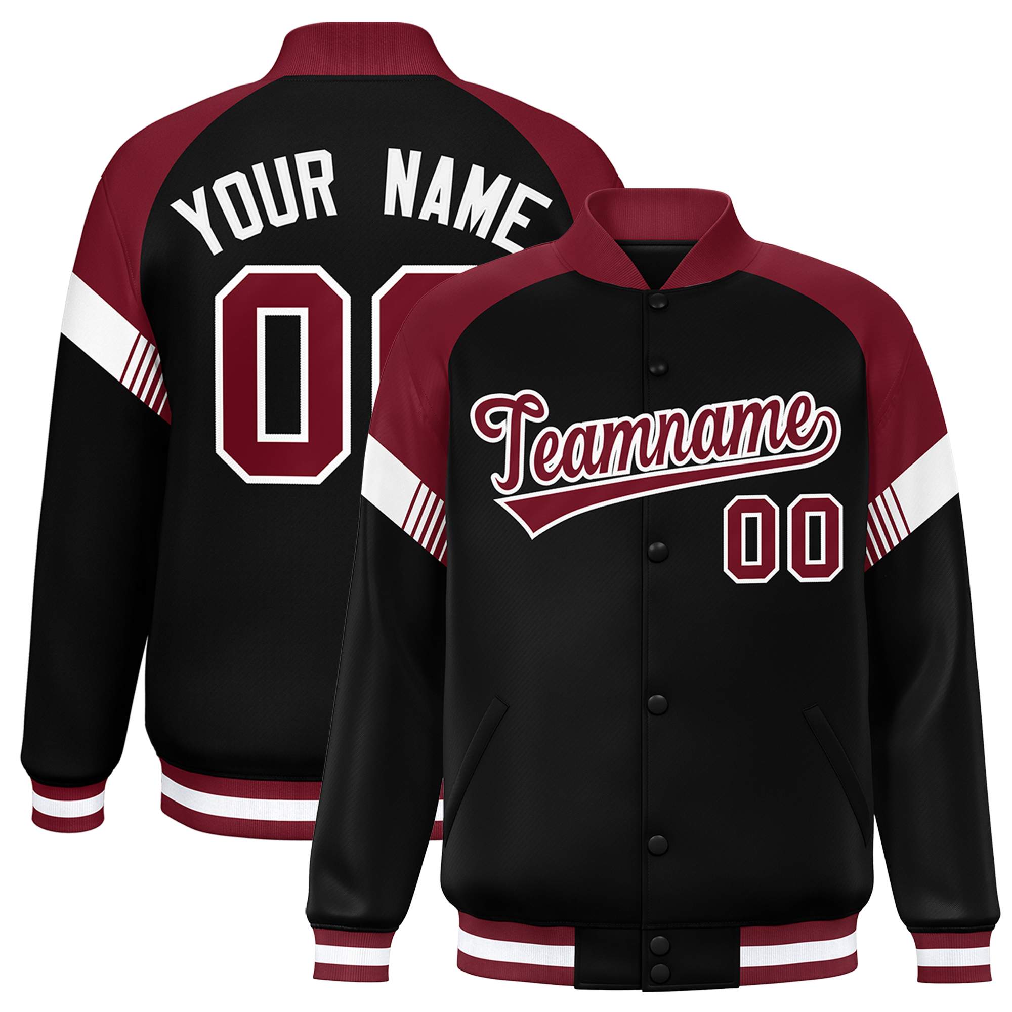 Custom Black Crimson-White Varsity Full-Snap Color Block Letterman Jacket