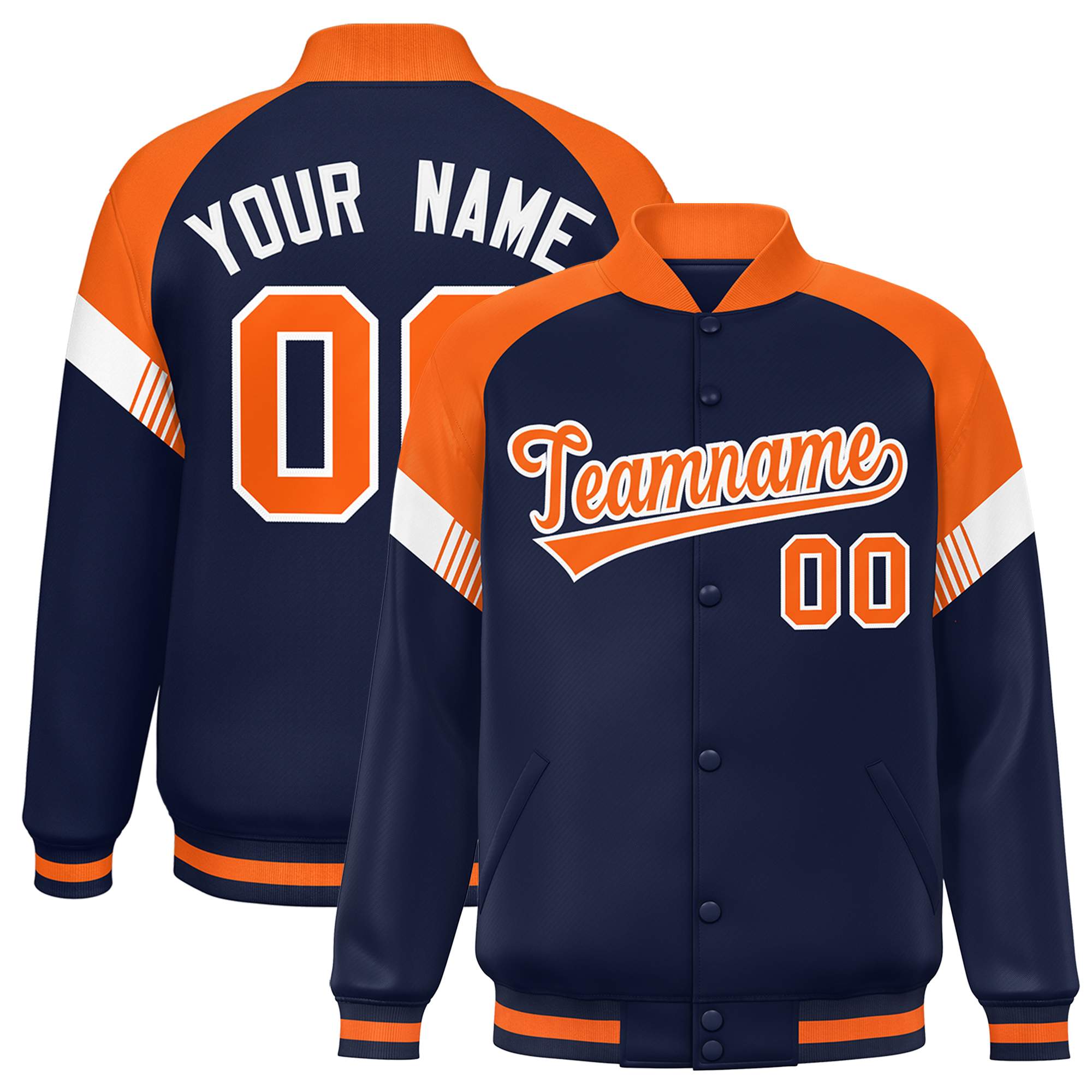 Custom Navy Orange-White Varsity Full-Snap Color Block Letterman Jacket