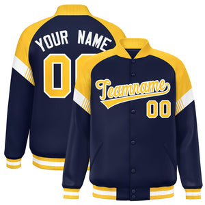 Custom Navy Gold-White Varsity Full-Snap Color Block Letterman Jacket